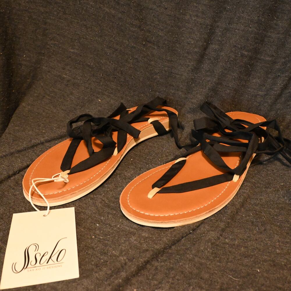 NEW Sseko Designs Women's 11 Ribbon Sandals Stitched Leather Caramel Handmade